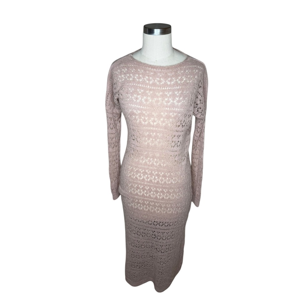 NERO SU BIANCO Midi Dress Pink Mohair Wool Blend Pointelle Knit Women's One Size